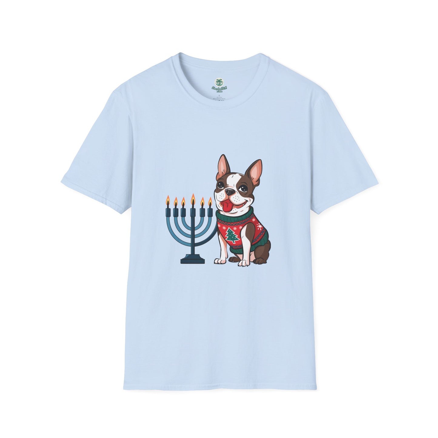 A cheerful Boston Terrier and a menorah