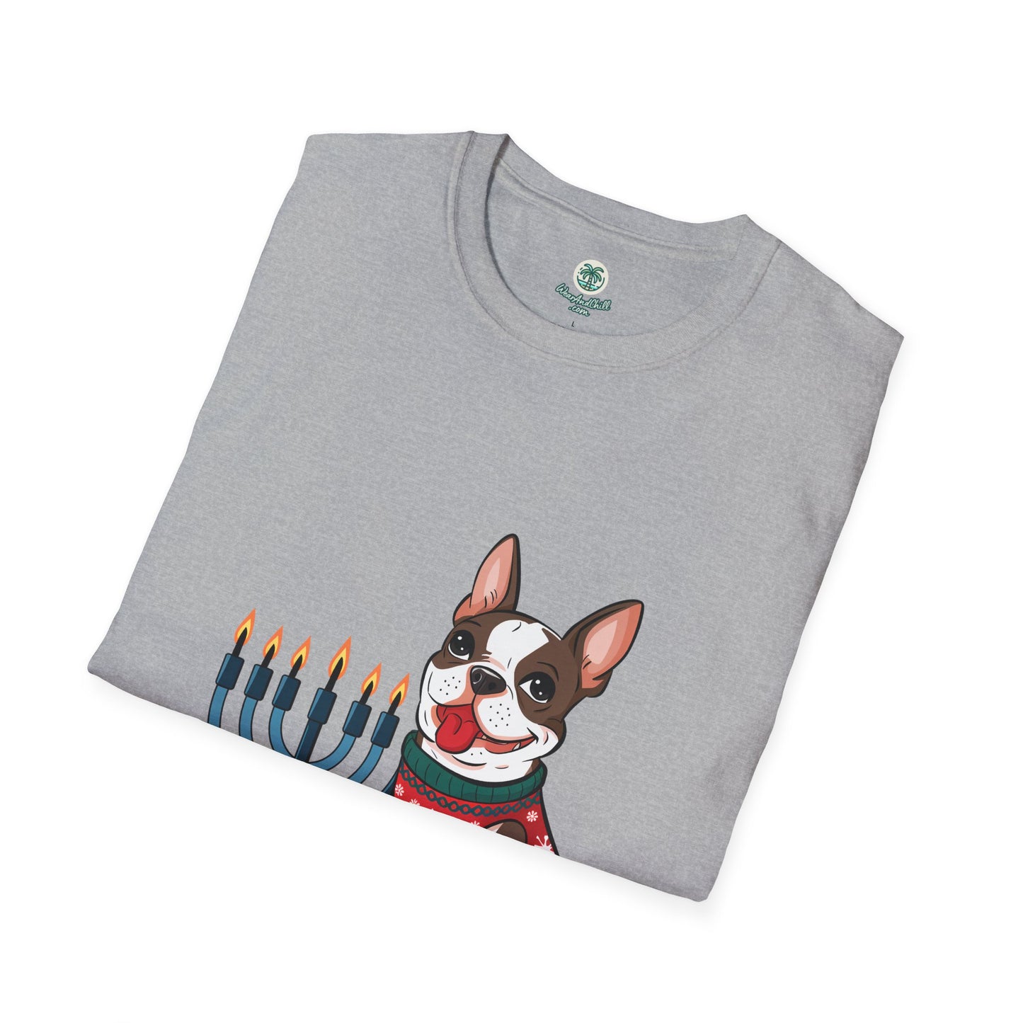 A cheerful Boston Terrier and a menorah