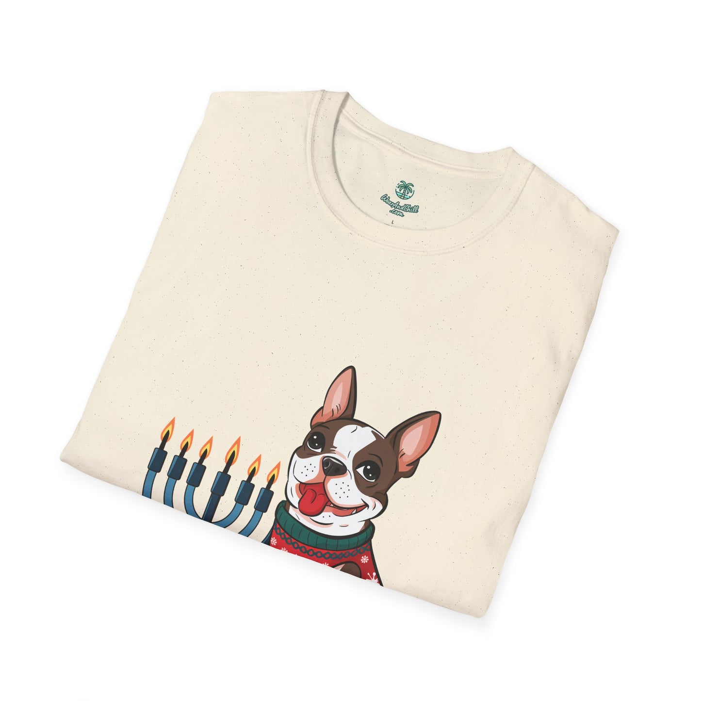 A cheerful Boston Terrier and a menorah