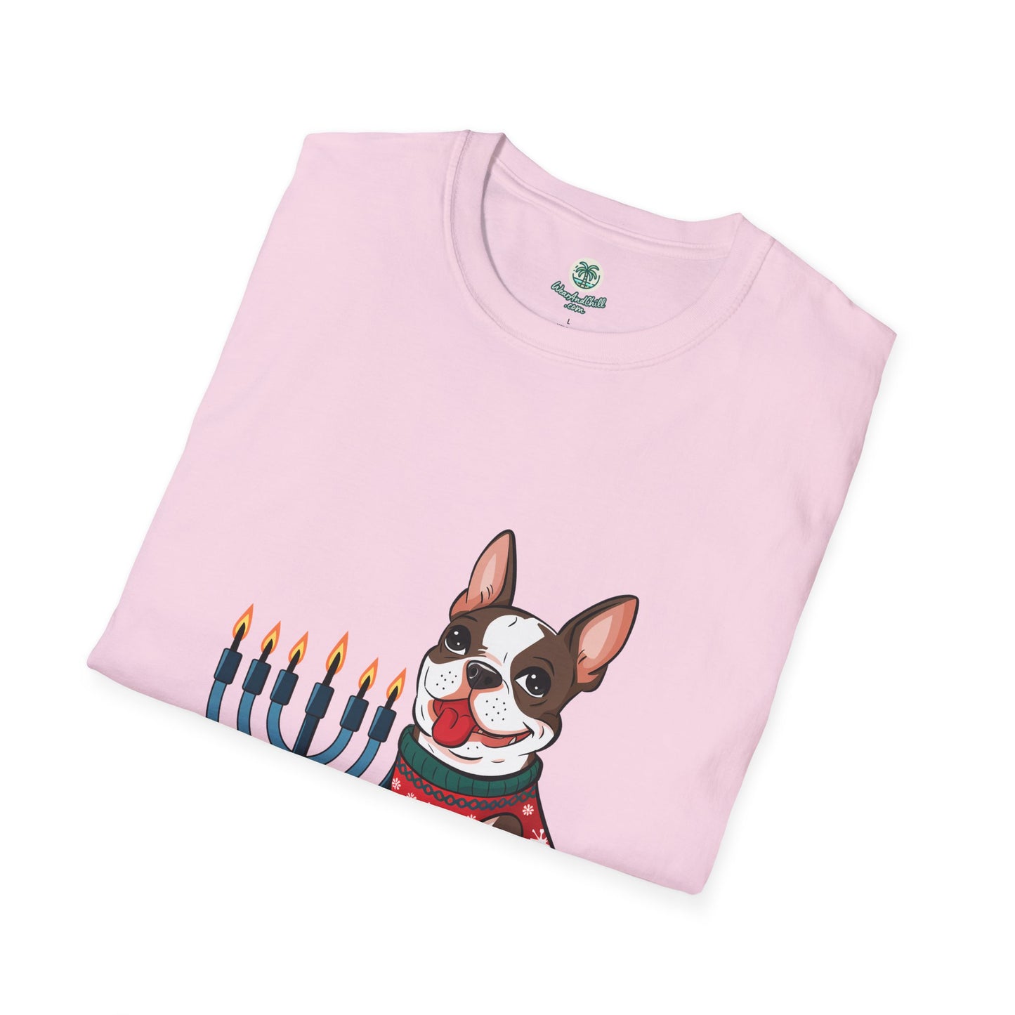A cheerful Boston Terrier and a menorah