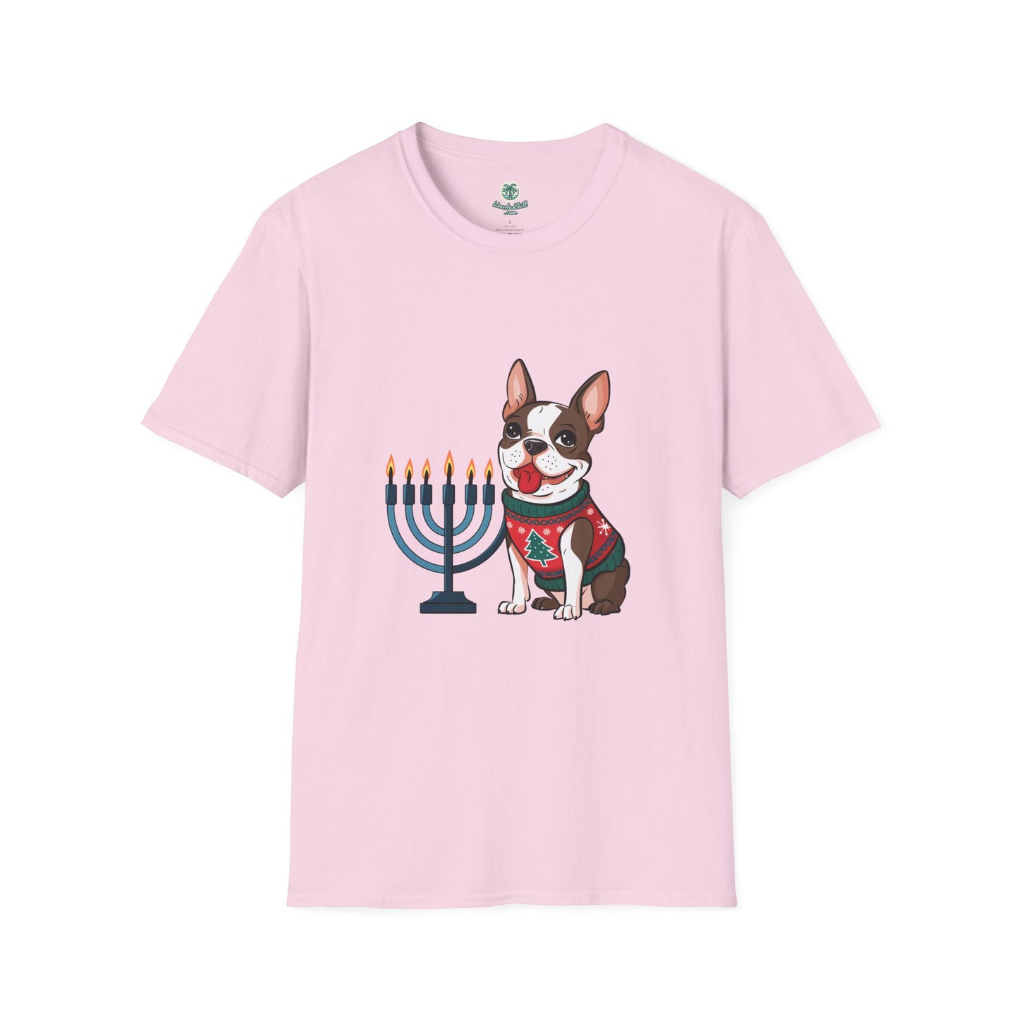 A cheerful Boston Terrier and a menorah