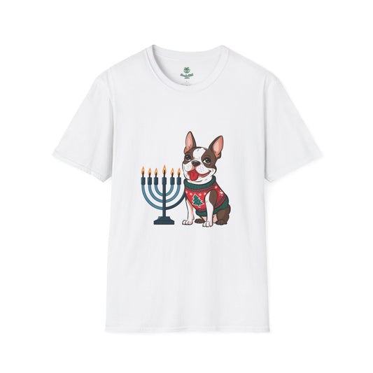 A cheerful Boston Terrier and a menorah