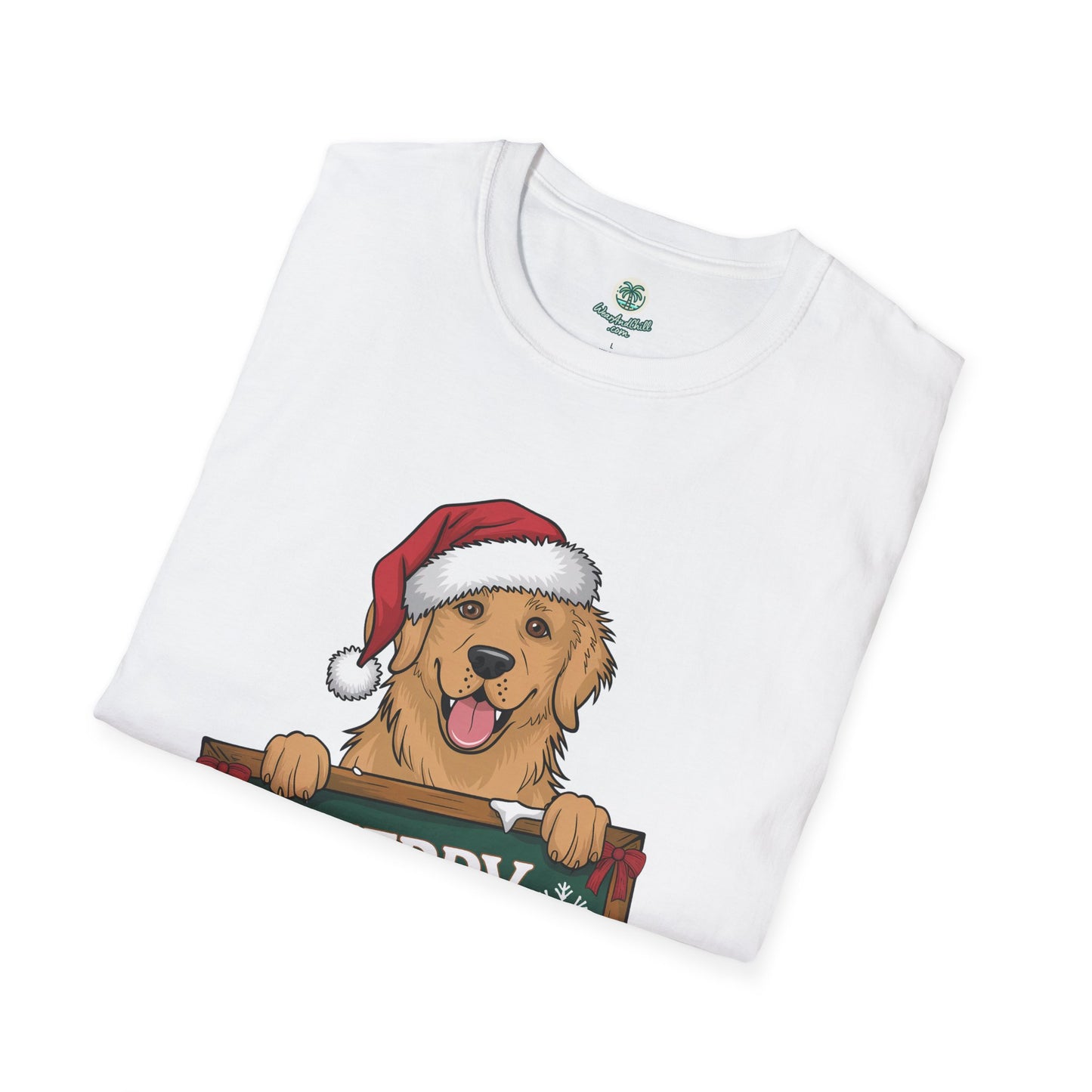 A cheerful golden retriever with a Merry Christmas sign