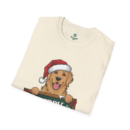 A cheerful golden retriever with a Merry Christmas sign